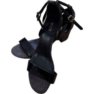 Women's Size 8 Black Michael Kors Logo Strappy Low Heel with Gold MK Accents